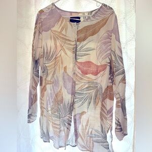 Tahari Linen Button Front Long Sleeve Loose Summer Top, Size 1X